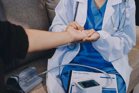 Orthopaedic doctor doing physical examination patient with wrist pain at the clinic. Physical therapist checks the patient wrist by pressing the wrist bone.の写真素材