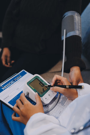 Doctor using Blood pressure monitor and stethoscope checking measuring arterial blood pressure on arm to a patient in the hospital, healthcare and medical conceptの写真素材