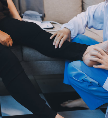 Young doctor examines senior patient's legの写真素材