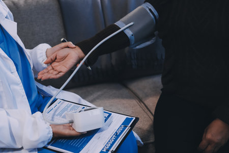 Doctor using Blood pressure monitor and stethoscope checking measuring arterial blood pressure on arm to a patient in the hospital, healthcare and medical conceptの写真素材