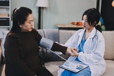 Doctor using Blood pressure monitor and stethoscope checking measuring arterial blood pressure on arm to a patient in the hospital, healthcare and medical conceptの写真素材