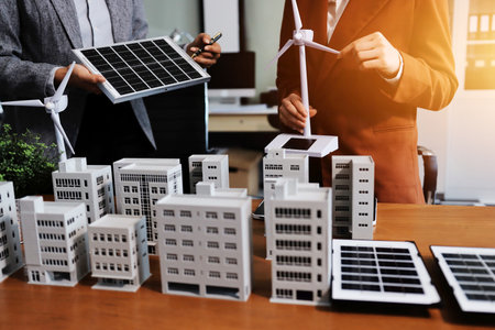 Discussion among businesspeople on the latest developments in solar cell panel technology and Solar Energy Environment city Concept.の写真素材