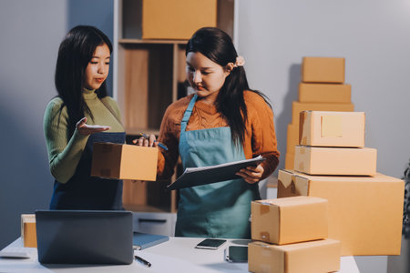 Startup SME small business entrepreneur of freelance Asian woman wearing apron using laptop and box to receive and review orders online to prepare to pack sell to customers, online sme business ideas.の写真素材