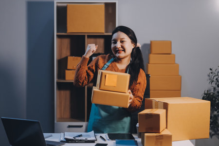 Startup SME small business entrepreneur of freelance Asian woman wearing apron using laptop and box to receive and review orders online to prepare to pack sell to customers, online sme business ideas.の写真素材