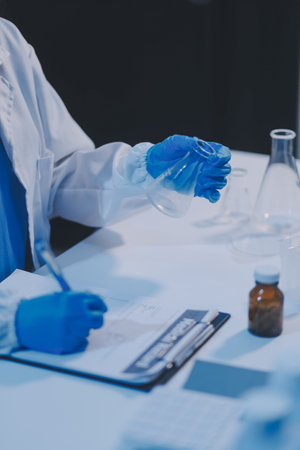Research, experiment and medical trial being done by a scientist in a lab, science facility or hospital. One young, serious and professional researcher organizing, sorting or making a discoveryの写真素材