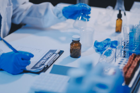 Research, experiment and medical trial being done by a scientist in a lab, science facility or hospital. One young, serious and professional researcher organizing, sorting or making a discoveryの写真素材