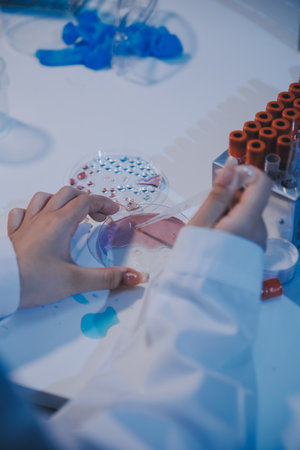 Research, experiment and medical trial being done by a scientist in a lab, science facility or hospital. One young, serious and professional researcher organizing, sorting or making a discoveryの写真素材