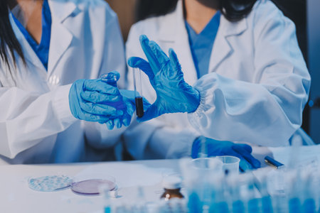 Research, experiment and medical trial being done by a scientist in a lab, science facility or hospital. One young, serious and professional researcher organizing, sorting or making a discoveryの写真素材