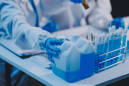 Research, experiment and medical trial being done by a scientist in a lab, science facility or hospital. One young, serious and professional researcher organizing, sorting or making a discoveryの写真素材