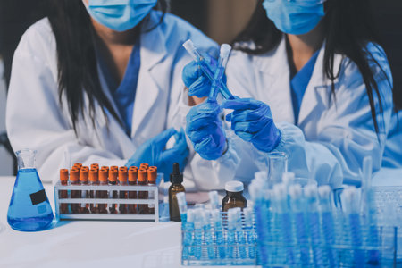 Research, experiment and medical trial being done by a scientist in a lab, science facility or hospital. One young, serious and professional researcher organizing, sorting or making a discoveryの写真素材