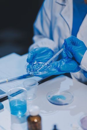 Research, experiment and medical trial being done by a scientist in a lab, science facility or hospital. One young, serious and professional researcher organizing, sorting or making a discoveryの写真素材