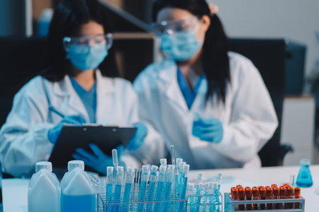 Research, experiment and medical trial being done by a scientist in a lab, science facility or hospital. One young, serious and professional researcher organizing, sorting or making a discoveryの写真素材