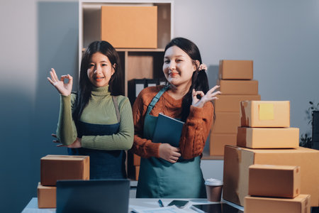 Startup SME small business entrepreneur of freelance Asian woman wearing apron using laptop and box to receive and review orders online to prepare to pack sell to customers, online sme business ideas.の写真素材