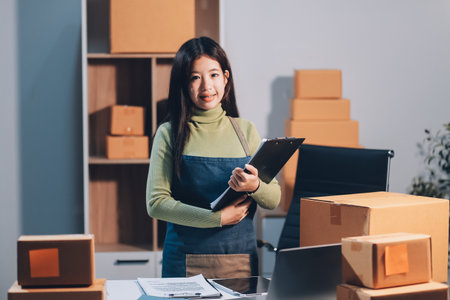 Startup SME small business entrepreneur of freelance Asian woman wearing apron using laptop and box to receive and review orders online to prepare to pack sell to customers, online sme business ideas.の写真素材