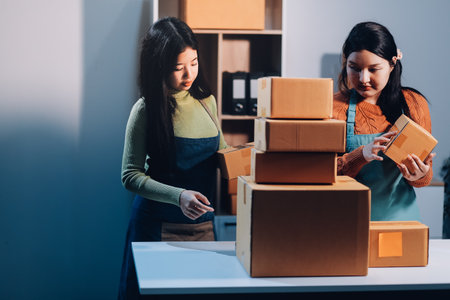 Startup SME small business entrepreneur of freelance Asian woman wearing apron using laptop and box to receive and review orders online to prepare to pack sell to customers, online sme business ideas.の写真素材
