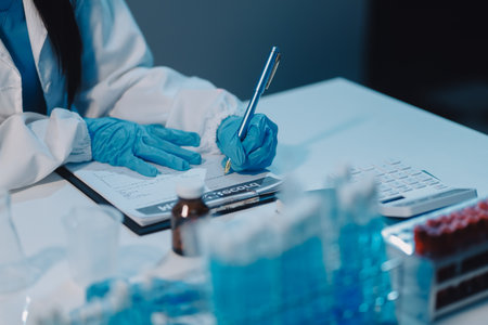 Research, experiment and medical trial being done by a scientist in a lab, science facility or hospital. One young, serious and professional researcher organizing, sorting or making a discoveryの写真素材