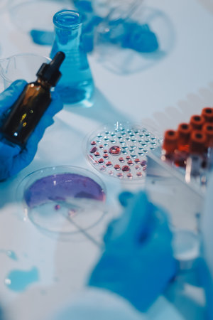 Research, experiment and medical trial being done by a scientist in a lab, science facility or hospital. One young, serious and professional researcher organizing, sorting or making a discoveryの写真素材