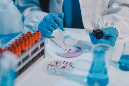 Research, experiment and medical trial being done by a scientist in a lab, science facility or hospital. One young, serious and professional researcher organizing, sorting or making a discoveryの写真素材