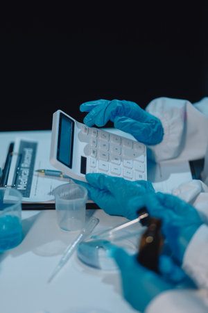 Research, experiment and medical trial being done by a scientist in a lab, science facility or hospital. One young, serious and professional researcher organizing, sorting or making a discoveryの写真素材
