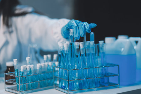 Research, experiment and medical trial being done by a scientist in a lab, science facility or...