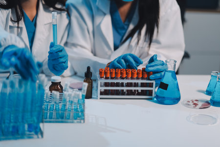 Research, experiment and medical trial being done by a scientist in a lab, science facility or hospital. One young, serious and professional researcher organizing, sorting or making a discoveryの写真素材