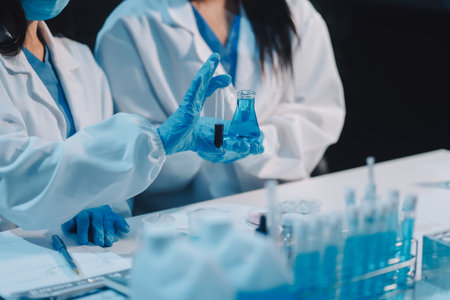 Research, experiment and medical trial being done by a scientist in a lab, science facility or hospital. One young, serious and professional researcher organizing, sorting or making a discoveryの写真素材