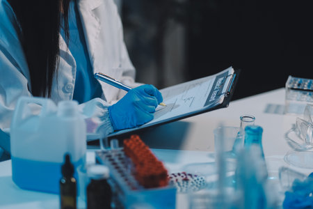 Research, experiment and medical trial being done by a scientist in a lab, science facility or hospital. One young, serious and professional researcher organizing, sorting or making a discoveryの写真素材