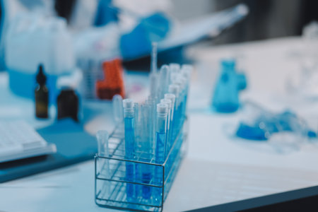 Research, experiment and medical trial being done by a scientist in a lab, science facility or hospital. One young, serious and professional researcher organizing, sorting or making a discoveryの写真素材