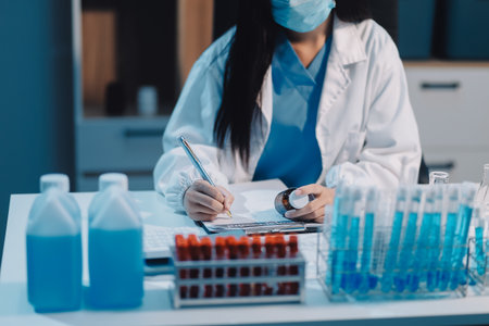 Research, experiment and medical trial being done by a scientist in a lab, science facility or hospital. One young, serious and professional researcher organizing, sorting or making a discoveryの写真素材