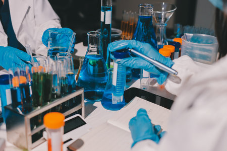 Scientist pipetting medical samples into microplate in laboratoryの写真素材
