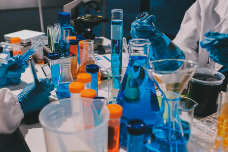 Scientist pipetting medical samples into microplate in laboratoryの写真素材