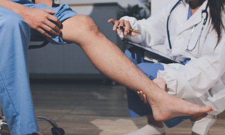 Physical therapist teaching a patient how to do exercises for his knee painの写真素材