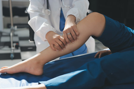 Female doctor hands doing physical therapy By extending the leg and knee of a male patientの写真素材