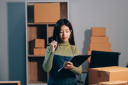 Startup SME small business entrepreneur of freelance Asian woman wearing apron using laptop and box...
