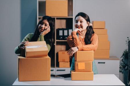 Startup SME small business entrepreneur of freelance Asian woman wearing apron using laptop and box to receive and review orders online to prepare to pack sell to customers, online sme business ideas.の写真素材