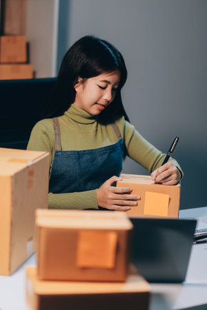 Startup SME small business entrepreneur of freelance Asian woman wearing apron using laptop and box to receive and review orders online to prepare to pack sell to customers, online sme business ideas.の写真素材