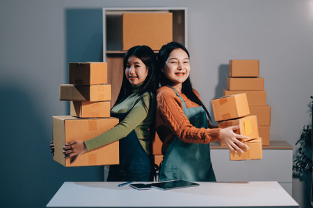 Startup SME small business entrepreneur of freelance Asian woman wearing apron using laptop and box to receive and review orders online to prepare to pack sell to customers, online sme business ideas.の写真素材