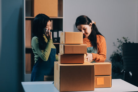 Startup SME small business entrepreneur of freelance Asian woman wearing apron using laptop and box to receive and review orders online to prepare to pack sell to customers, online sme business ideas.の写真素材