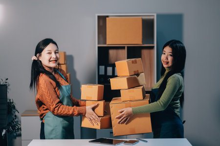 Startup SME small business entrepreneur of freelance Asian woman wearing apron using laptop and box to receive and review orders online to prepare to pack sell to customers, online sme business ideas.の写真素材