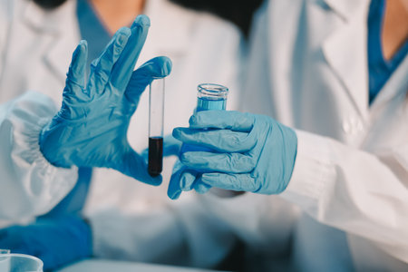 Research, experiment and medical trial being done by a scientist in a lab, science facility or hospital. One young, serious and professional researcher organizing, sorting or making a discoveryの写真素材