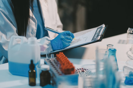 Research, experiment and medical trial being done by a scientist in a lab, science facility or hospital. One young, serious and professional researcher organizing, sorting or making a discoveryの写真素材