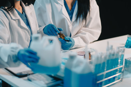Research, experiment and medical trial being done by a scientist in a lab, science facility or hospital. One young, serious and professional researcher organizing, sorting or making a discoveryの写真素材