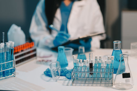 Research, experiment and medical trial being done by a scientist in a lab, science facility or hospital. One young, serious and professional researcher organizing, sorting or making a discoveryの写真素材