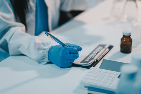 Research, experiment and medical trial being done by a scientist in a lab, science facility or hospital. One young, serious and professional researcher organizing, sorting or making a discoveryの写真素材