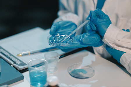 Research, experiment and medical trial being done by a scientist in a lab, science facility or hospital. One young, serious and professional researcher organizing, sorting or making a discoveryの写真素材