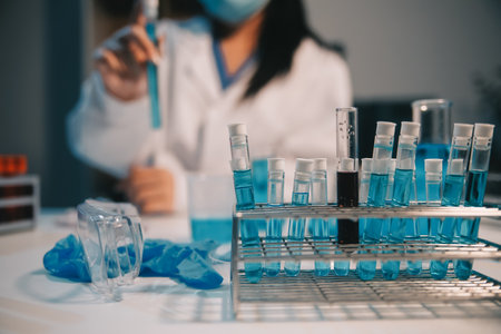 Research, experiment and medical trial being done by a scientist in a lab, science facility or hospital. One young, serious and professional researcher organizing, sorting or making a discoveryの写真素材