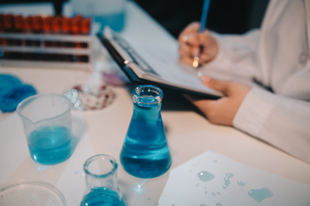 Research, experiment and medical trial being done by a scientist in a lab, science facility or hospital. One young, serious and professional researcher organizing, sorting or making a discoveryの写真素材