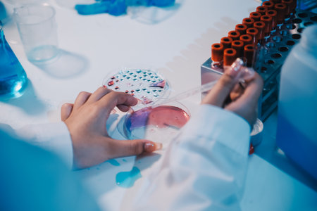 Research, experiment and medical trial being done by a scientist in a lab, science facility or hospital. One young, serious and professional researcher organizing, sorting or making a discoveryの写真素材