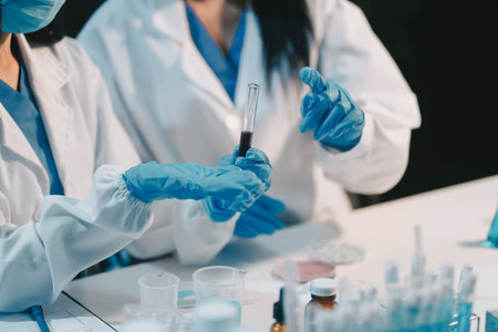 Research, experiment and medical trial being done by a scientist in a lab, science facility or hospital. One young, serious and professional researcher organizing, sorting or making a discoveryの写真素材