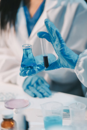 Research, experiment and medical trial being done by a scientist in a lab, science facility or hospital. One young, serious and professional researcher organizing, sorting or making a discoveryの写真素材